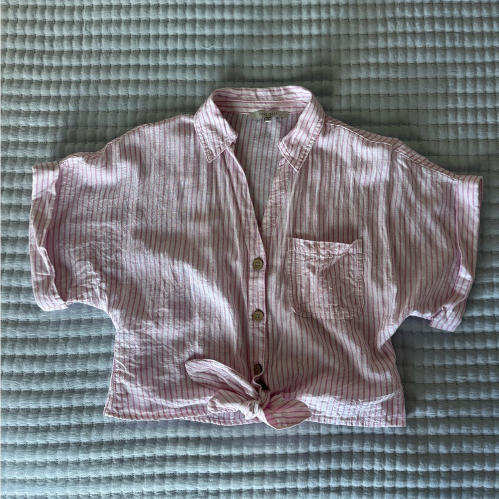Love Tree Pink Striped Cropped Button Down, S